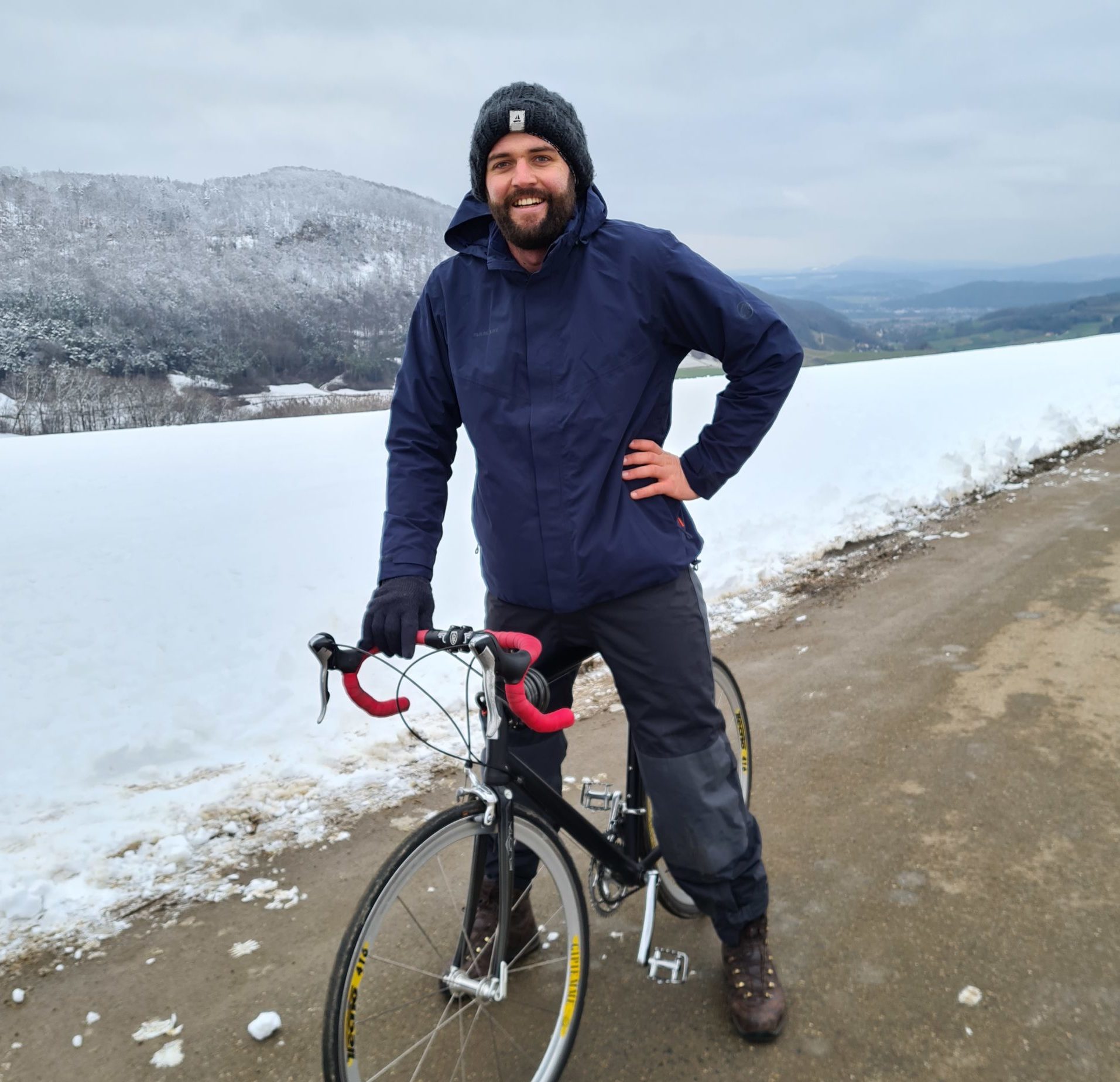 Jason riding his bicycle in the snow